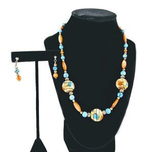 Orange & Blue Glass Beads Necklace & Earrings Set